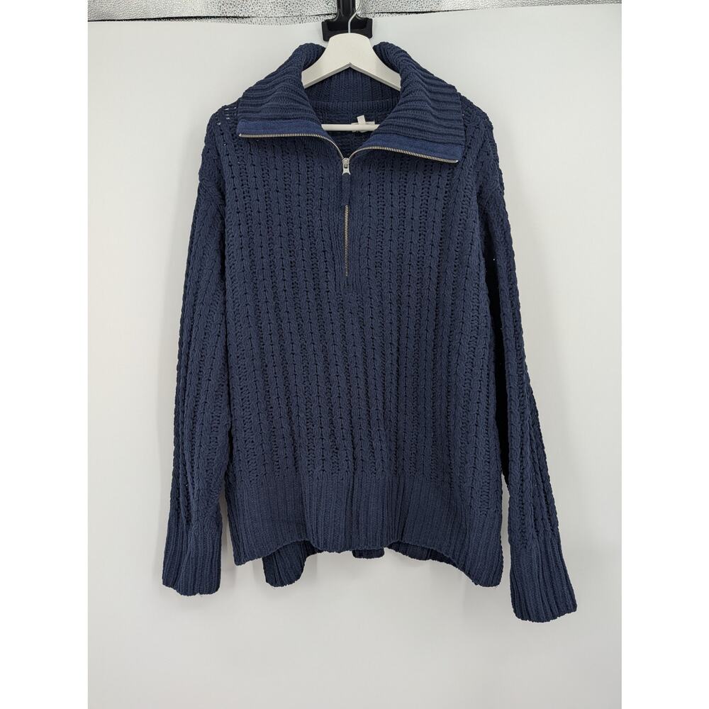 Aerie Cable Car Quarter Zip Sweater Open Weave Navy Blue Size Large Oversized